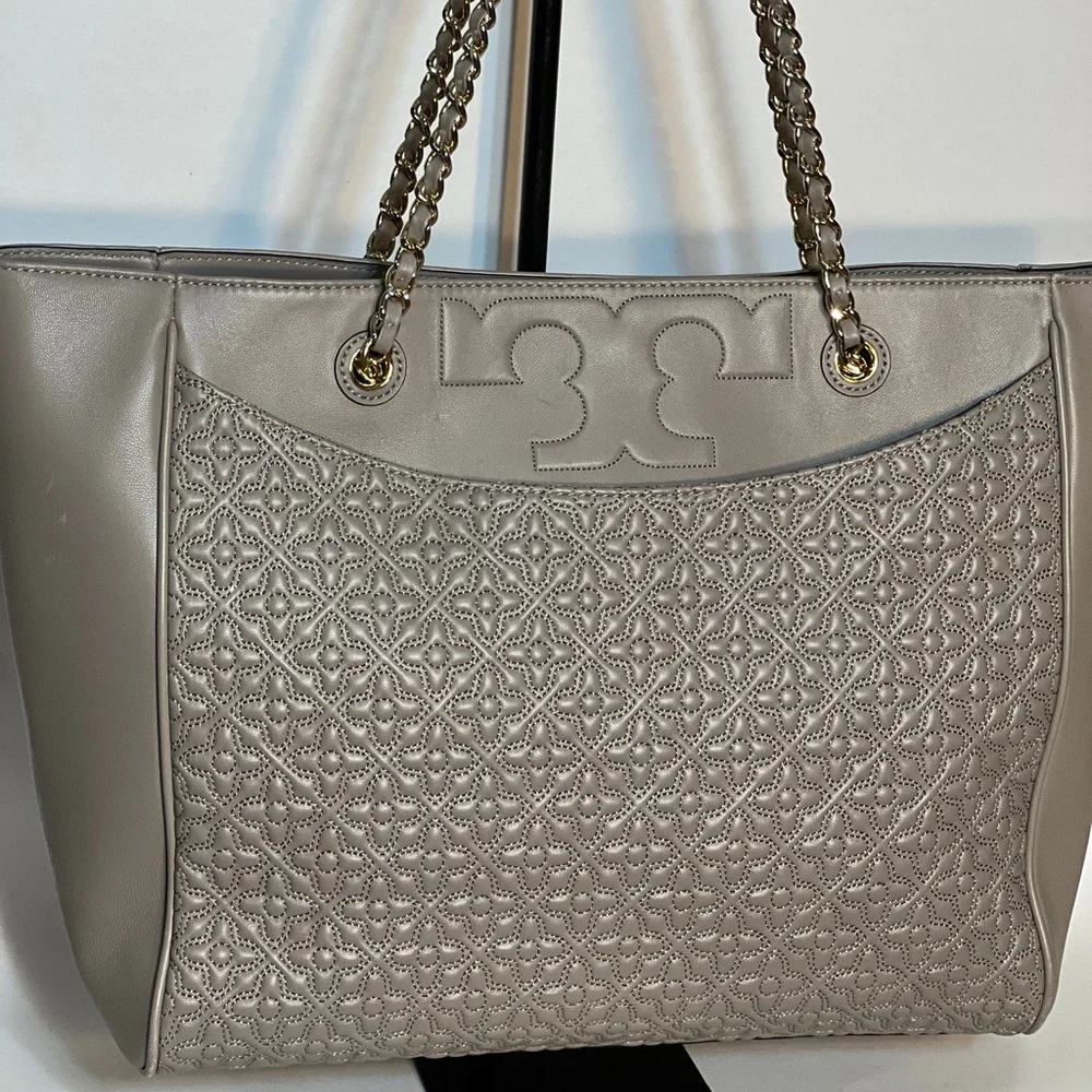 Tory Burch Gray Quilted Leather Tote